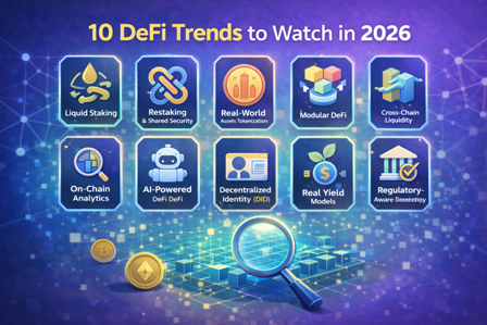 10 DeFi trends to watch in 2026 including liquid staking, restaking, real-world assets, modular DeFi, and on-chain analytics