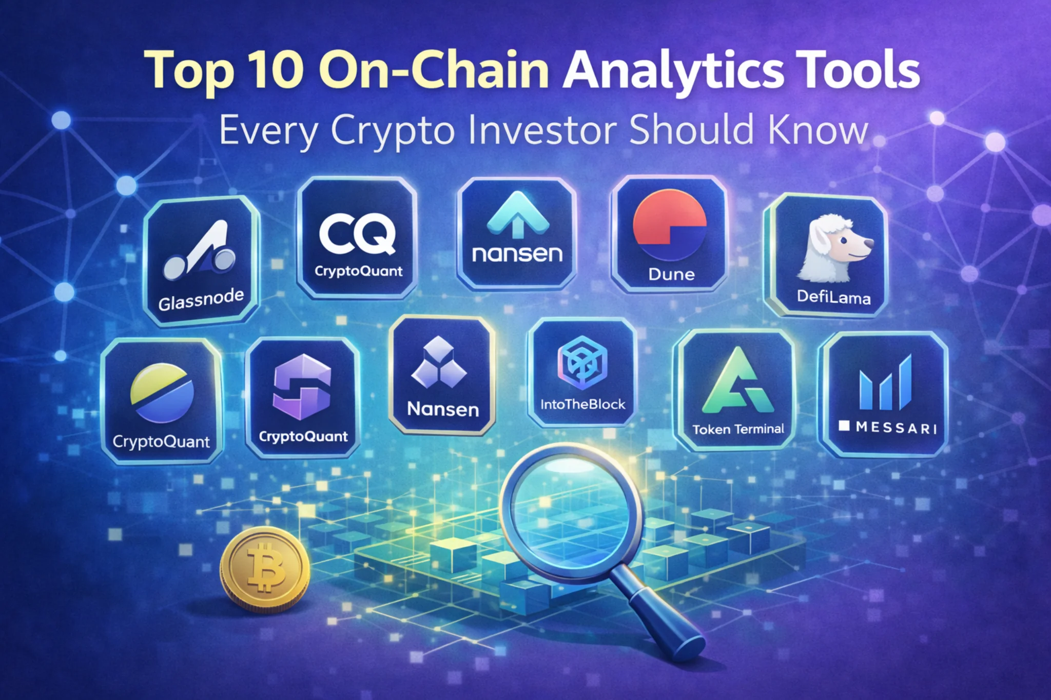 Top 10 on-chain analytics tools for crypto investors including Glassnode, CryptoQuant, Nansen, Dune, and DefiLlama